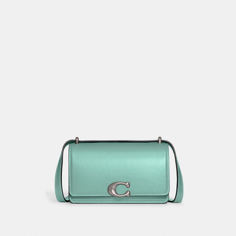 COACH®,Bandit Crossbody Bag,Calf Hair,Leather,Crossbody,Logo,Metal,Pen Holder,Silver Metal,Casual,Metallic,Turquoise,Front View