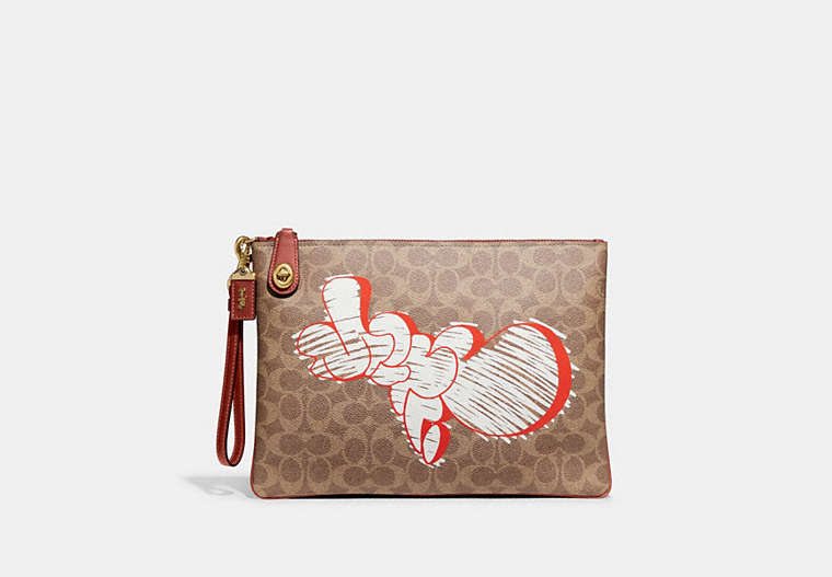 COACH®,COACH X MINT + SERF LARGE TURNLOCK WRISTLET IN SIGNATURE CANVAS,Signature Coated Canvas,Mini,Brass/Tan Multi,Front View