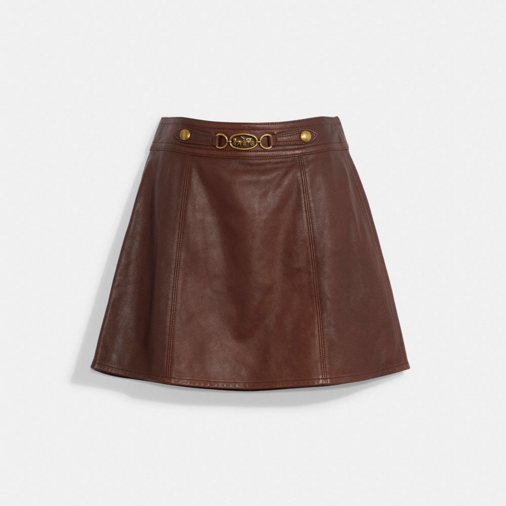 COACH®,LEATHER MINI SKIRT,Leather,Brown,Front View