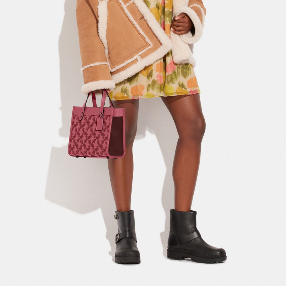 COACH®,Field Tote 22 With Horse And Carriage,Calfskin Leather,Suede,Leather,Tote,Logo,Stripe,Mixed Media,Color Block,Gusse...,Maroon,Detail View