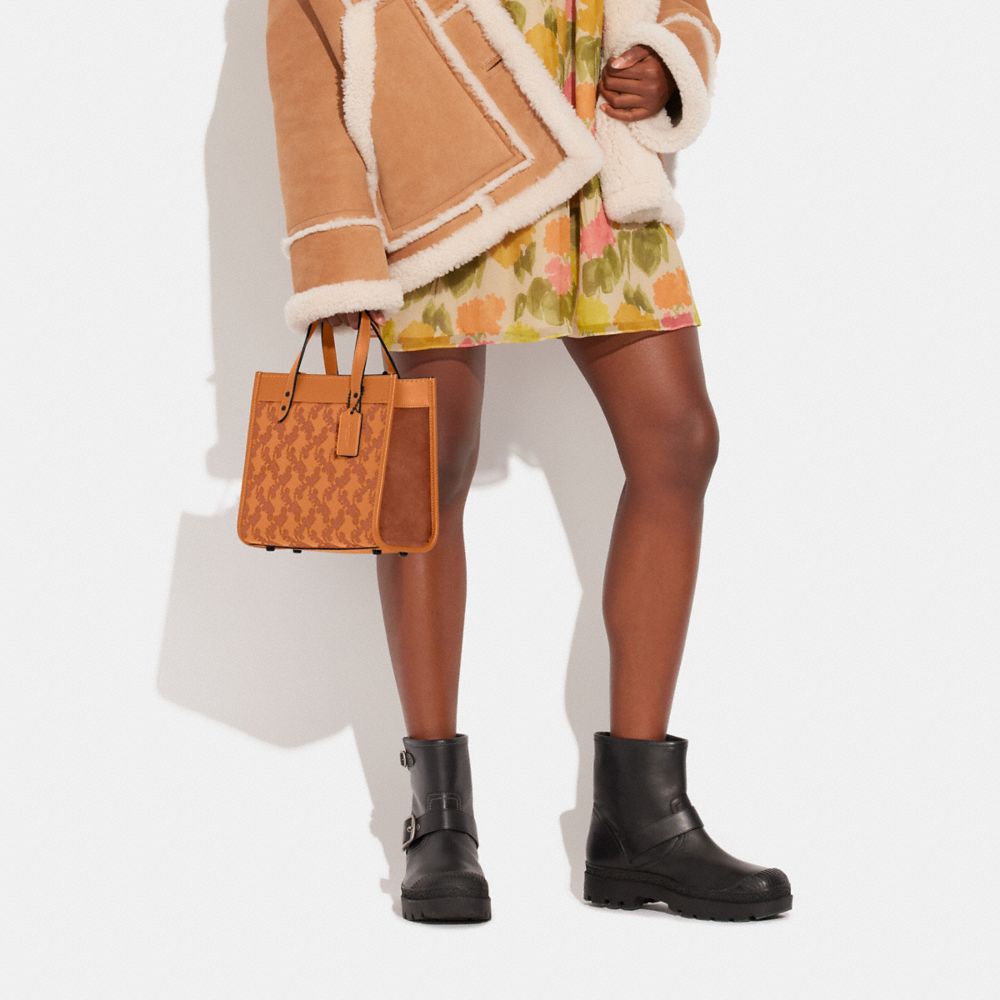 COACH®,Field Tote 22 With Horse And Carriage,Calfskin Leather,Suede,Leather,Tote,Logo,Stripe,Mixed Media,Color Block,Gusse...,Brown,Detail View