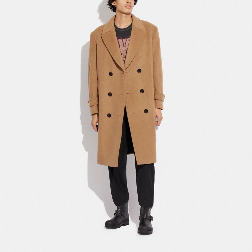 COACH®,LONG WOOL COAT IN RECYCLED WOOL-BLEND,Wool/Polyester,Camel,Scale View