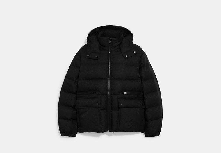 COACH®,SIGNATURE HOODED PUFFER JACKET IN RECYCLED POLYESTER,Polyester,Black,Front View