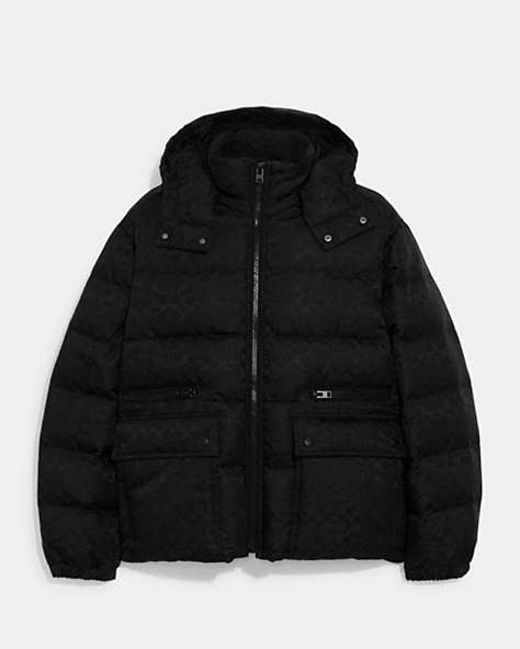 COACH®,SIGNATURE HOODED PUFFER JACKET IN RECYCLED POLYESTER,Polyester,Black,Front View