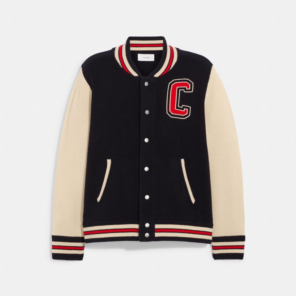COACH®,VARSITY CARDIGAN IN RECYCLED WOOL AND RECYCLED CASHMERE,wool,Black/Ivory,Front View