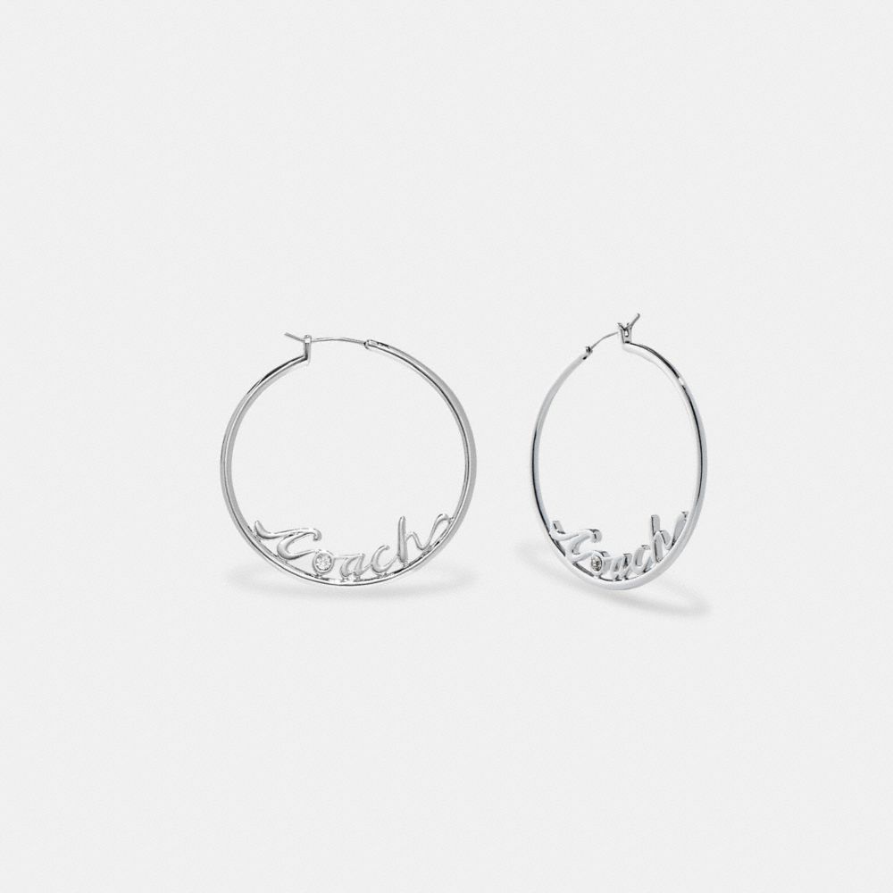 COACH®,LOGO SCRIPT HOOP EARRINGS,Silver/Crystal,Front View