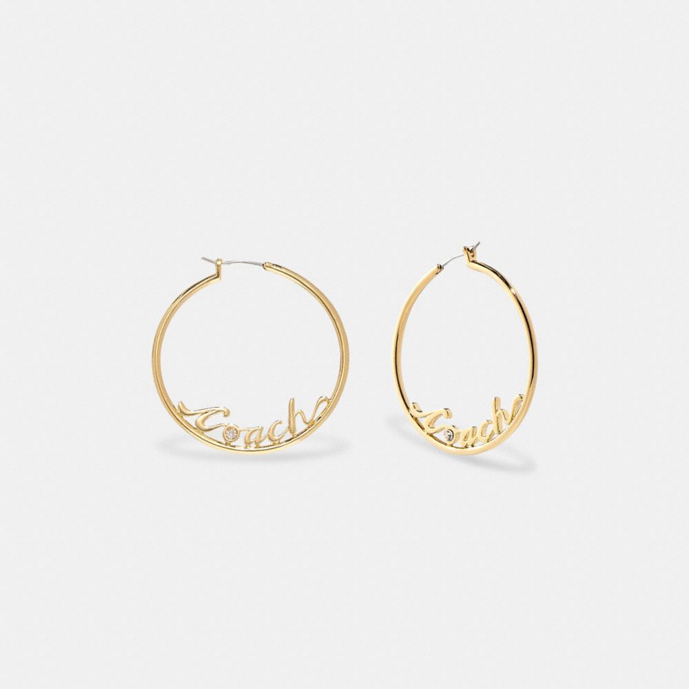 COACH®,LOGO SCRIPT HOOP EARRINGS,Gold,Front View