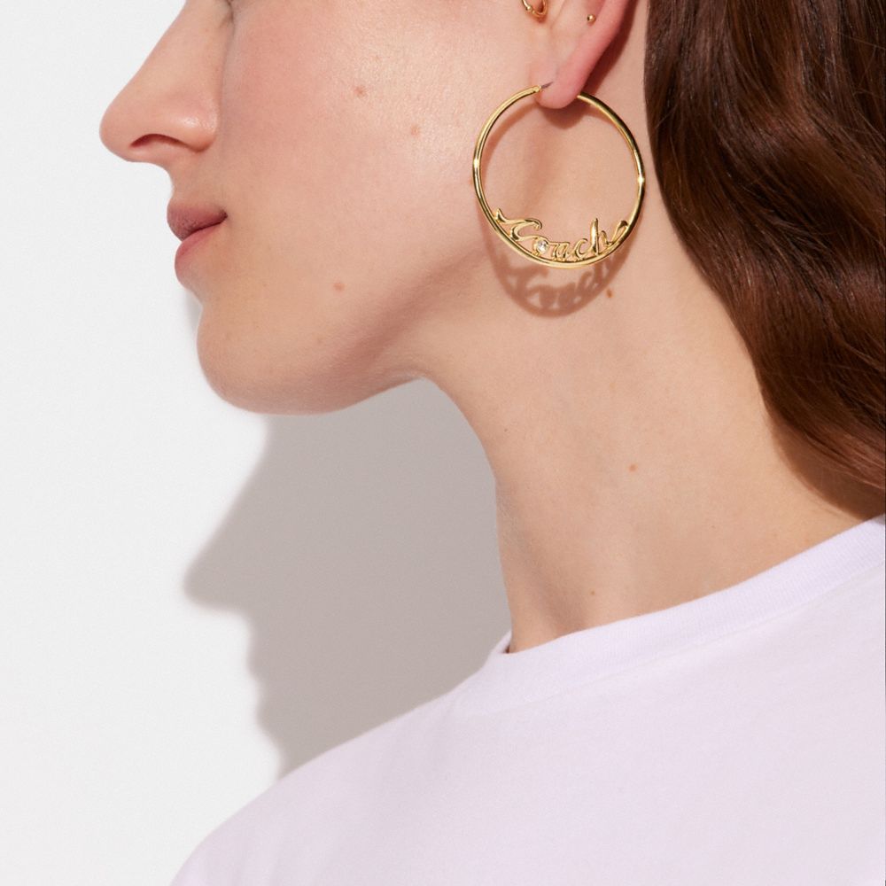 COACH®,LOGO SCRIPT HOOP EARRINGS,Gold,Detail View