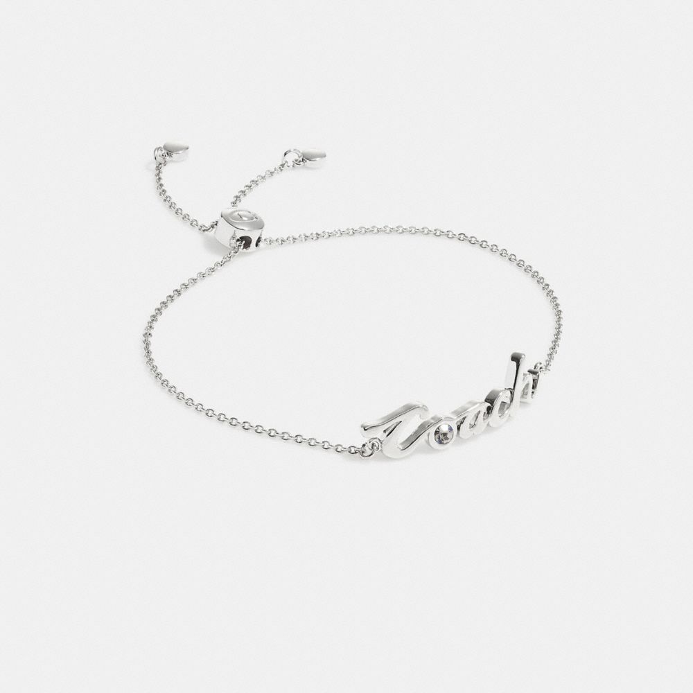 COACH®,LOGO SCRIPT SLIDER BRACELET,Silver/Crystal,Front View