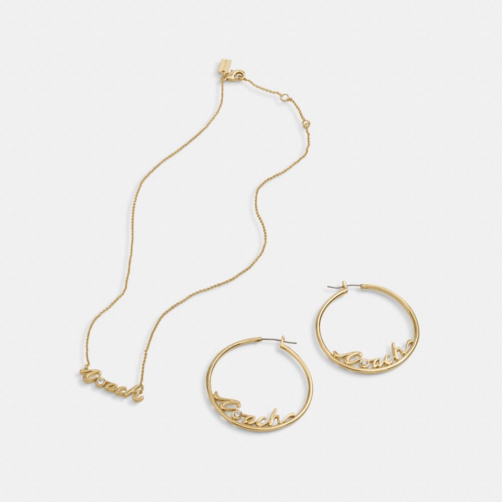 COACH®,Logo Script Necklace & Hoop Earrings,