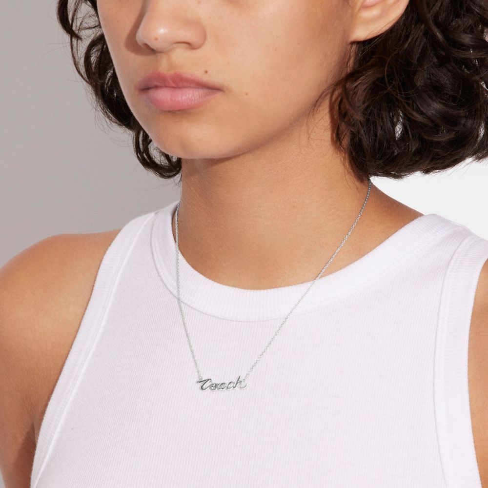 COACH®,LOGO SCRIPT NECKLACE,Silver/Crystal,Detail View