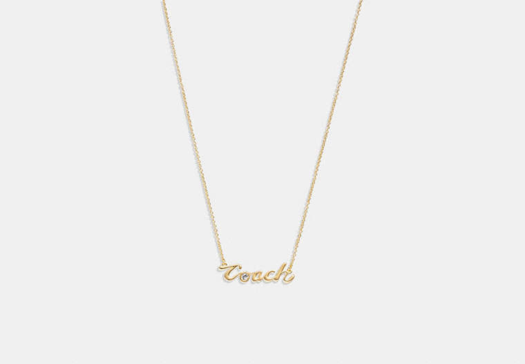 COACH®,LOGO SCRIPT NECKLACE,Brass,Gold,Front View