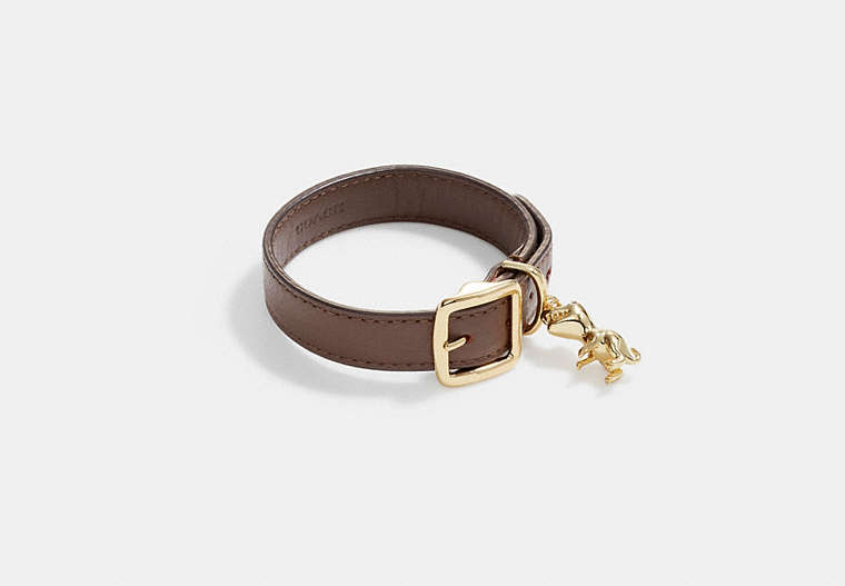 COACH®,REXY BUCKLE CHARM LEATHER BRACELET,Brass,Gold/Brown,Front View