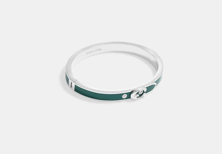 COACH®,SIGNATURE THIN BUCKLE BANGLE,enamel,Silver/Green,Front View
