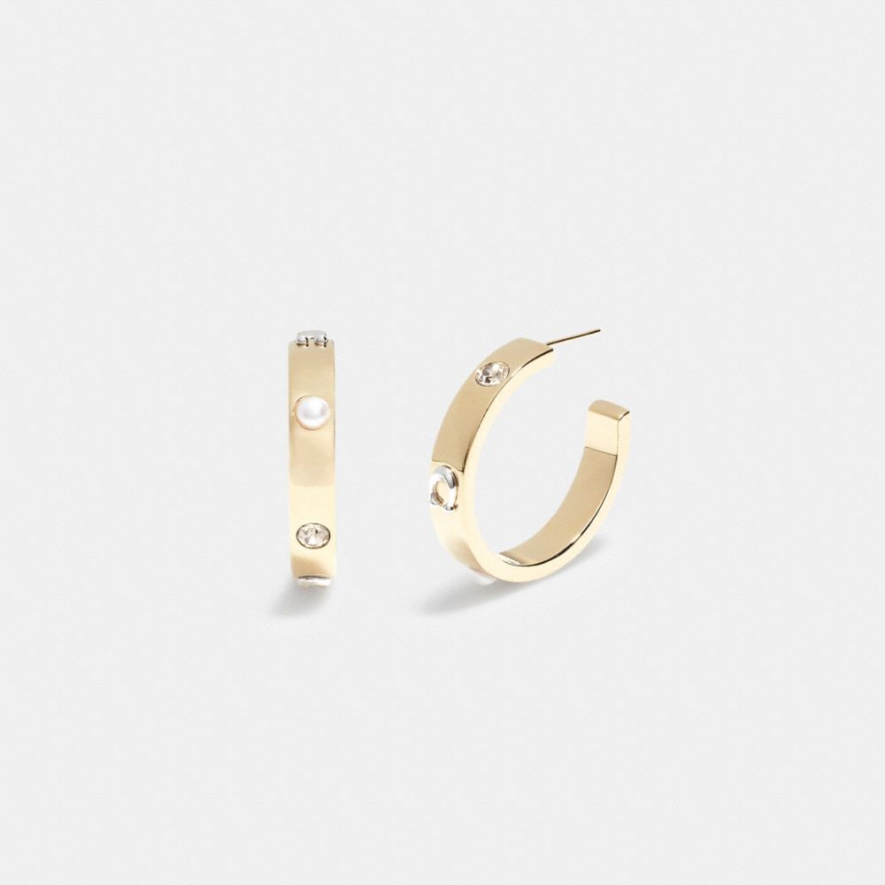 COACH®,PEGGED SIGNATURE AND STONE SMALL HOOP EARRINGS,Gold/Black Diamond,Front View