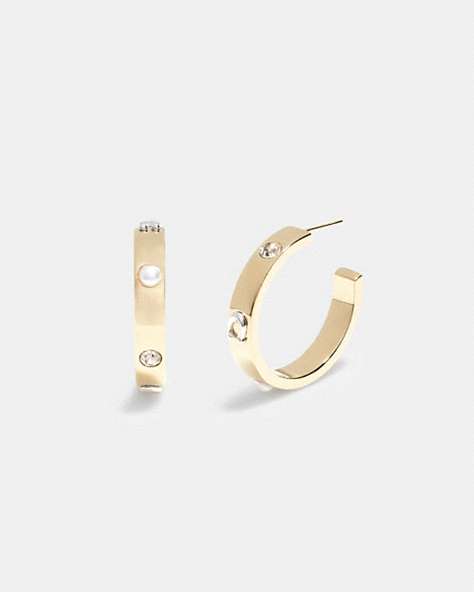COACH®,PEGGED SIGNATURE AND STONE SMALL HOOP EARRINGS,Brass,Gold/Black Diamond,Front View
