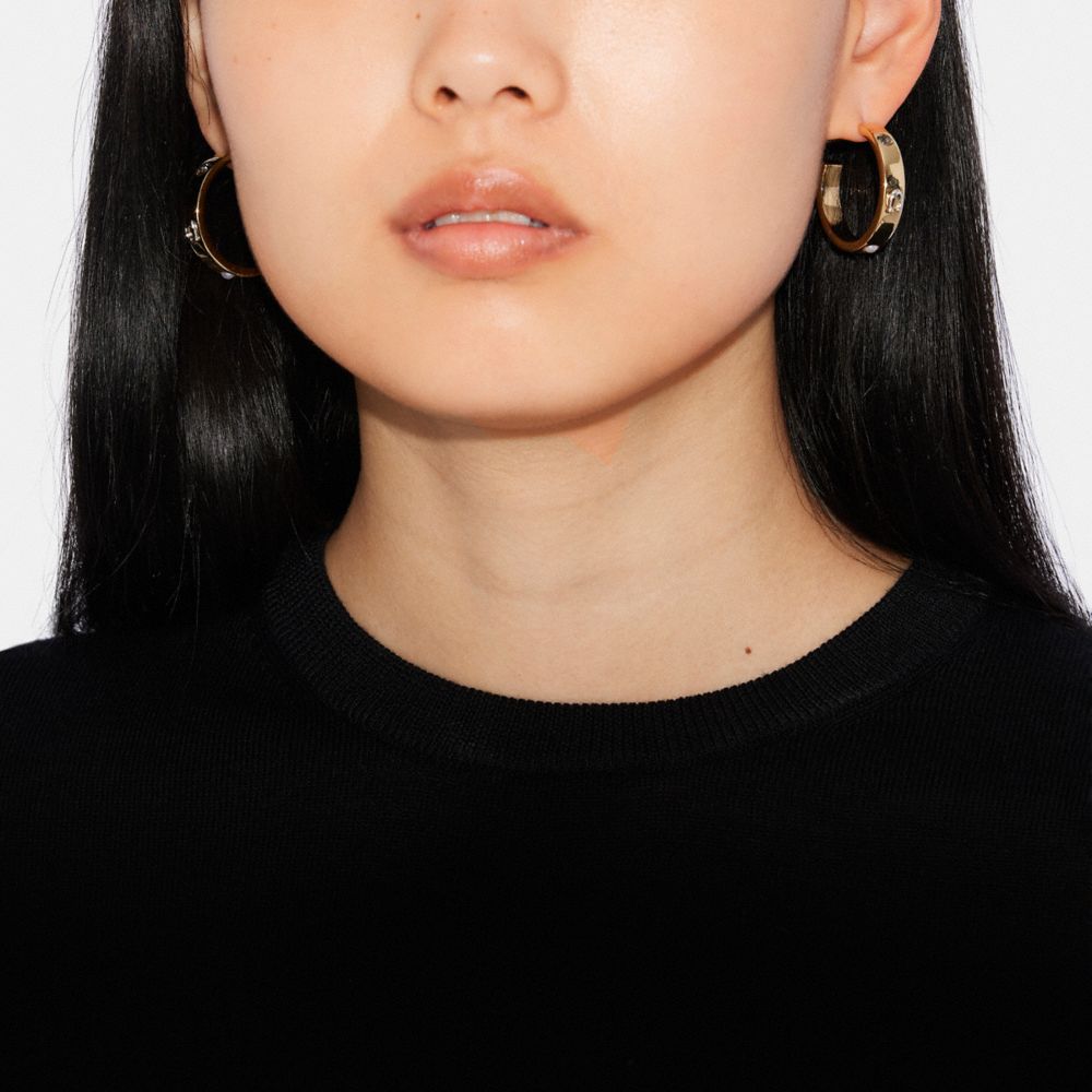 COACH®,PEGGED SIGNATURE AND STONE SMALL HOOP EARRINGS,Gold/Black Diamond,Detail View