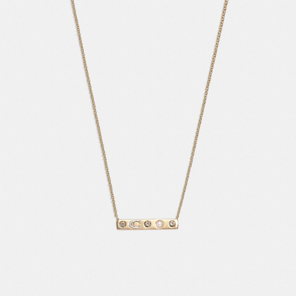 COACH®,PEGGED SIGNATURE AND STONE PENDANT NECKLACE,Gold/Black Diamond,Front View