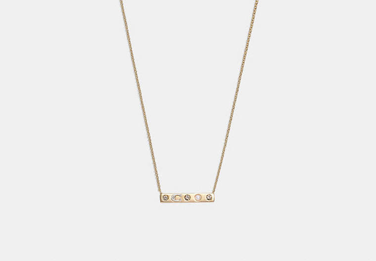 COACH®,PEGGED SIGNATURE AND STONE PENDANT NECKLACE,Brass,Gold/Black Diamond,Front View
