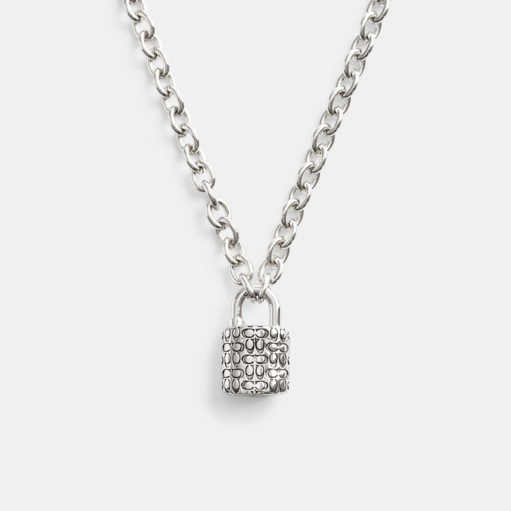 COACH®,QUILTED PADLOCK CHAIN NECKLACE,Plated Brass,Silver/Black,Front View