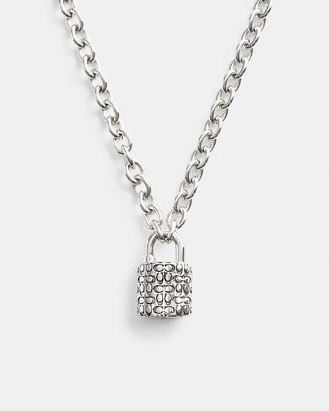 COACH®,QUILTED PADLOCK CHAIN NECKLACE,Plated Brass,Silver/Black,Front View