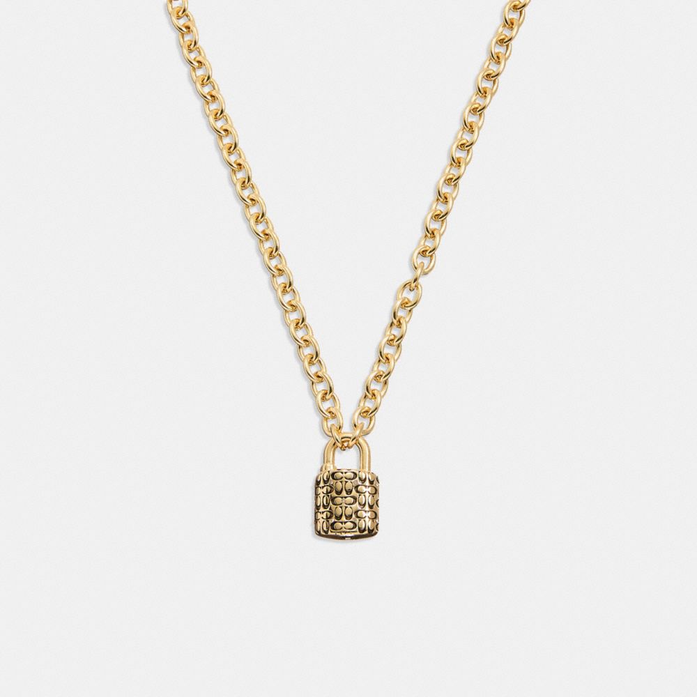 COACH®,QUILTED PADLOCK CHAIN NECKLACE,Plated Brass,Gold/Black,Front View image number 0