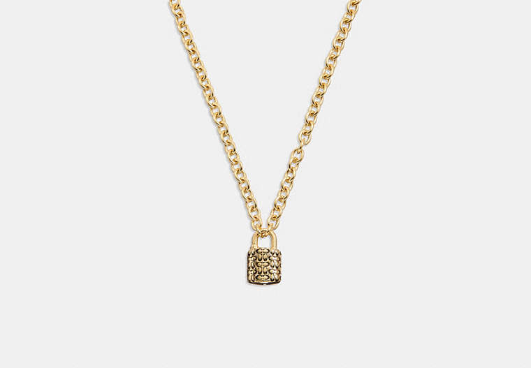 COACH®,QUILTED PADLOCK CHAIN NECKLACE,Plated Brass,Gold/Black,Front View