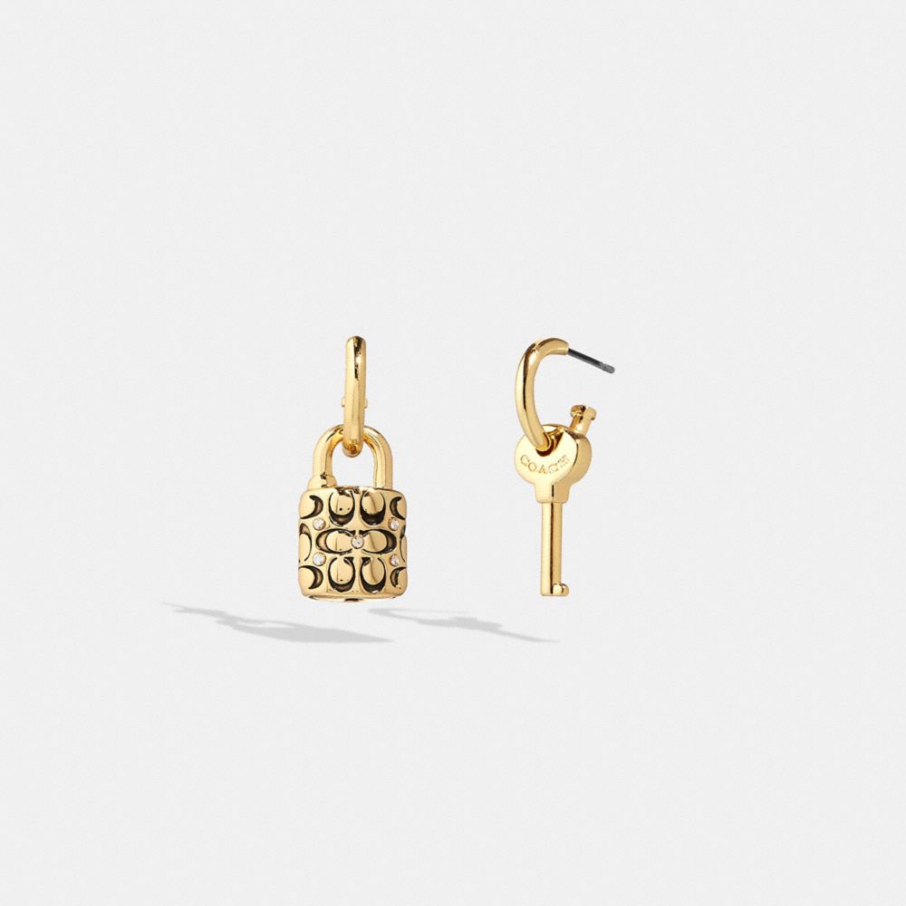 COACH®,QUILTED PADLOCK KEY MISMATCH EARRINGS,Plated Brass,Gold/Black,Front View