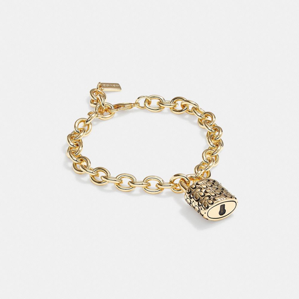 COACH®,QUILTED PADLOCK CHAIN BRACELET,Plated Brass,Gold/Black,Front View