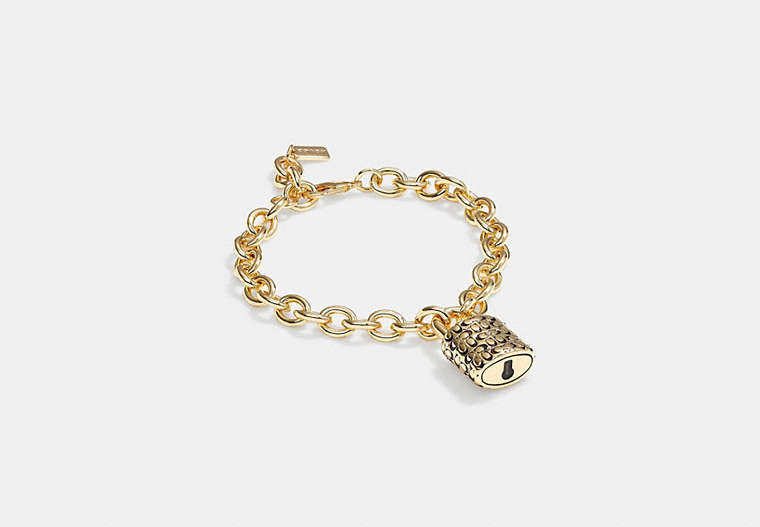 COACH®,QUILTED PADLOCK CHAIN BRACELET,Plated Brass,Gold/Black,Front View image number 0