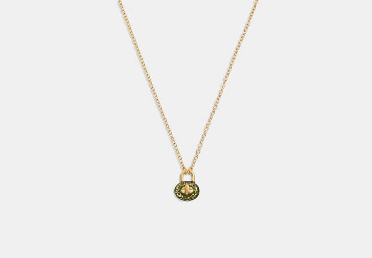 COACH®,SIGNATURE TURNLOCK NECKLACE,Brass,Gold/Green,Front View