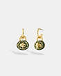 COACH®,SIGNATURE TURNLOCK HUGGIE EARRINGS,Brass,Gold/Green,Front View