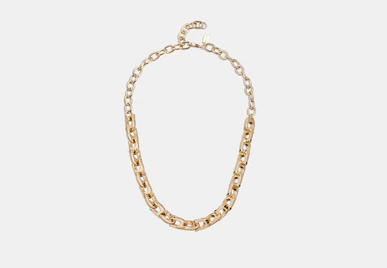 COACH®,CHUNKY SIGNATURE CHAIN LINK NECKLACE,Brass,Gold/Green,Front View