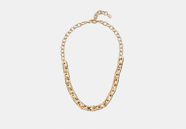 COACH®,CHUNKY SIGNATURE CHAIN LINK NECKLACE,Brass,Gold/Pink,Front View