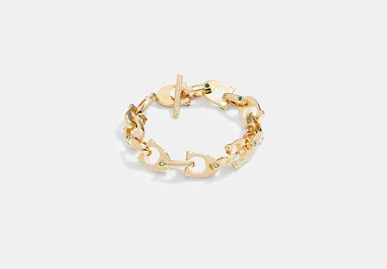 COACH®,CHUNKY SIGNATURE CHAIN LINK BRACELET,Brass,Gold/Green,Front View