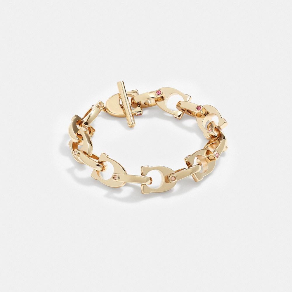 COACH®,CHUNKY SIGNATURE CHAIN LINK BRACELET,Brass,Gold/Pink,Front View