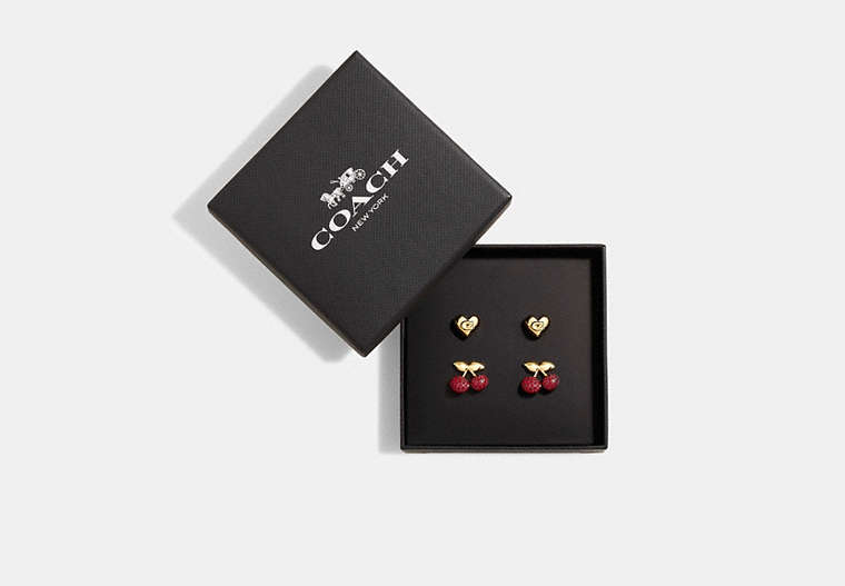 COACH®,PAVÉ CHERRY AND HEART STUD EARRINGS SET,Brass,Gold/Red,Front View