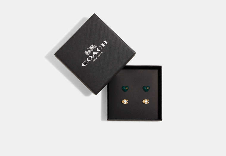 COACH®,ENAMEL HEART AND SIGNATURE STUD EARRINGS SET,Brass,Gold/Green,Front View