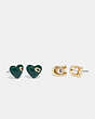 COACH®,ENAMEL HEART AND SIGNATURE STUD EARRINGS SET,Brass,Gold/Green,Inside View,Top View