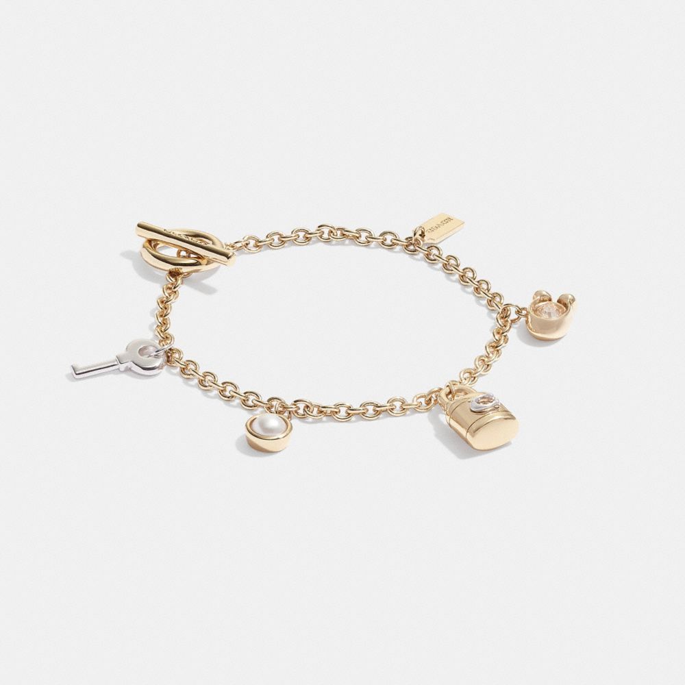 COACH®,SIGNATURE PADLOCK AND KEY CHARM BRACELET,Gold/Silver,Front View