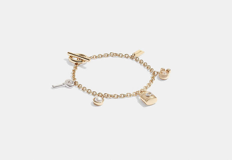 COACH®,SIGNATURE PADLOCK AND KEY CHARM BRACELET,Metal,Gold/Silver,Front View image number 0
