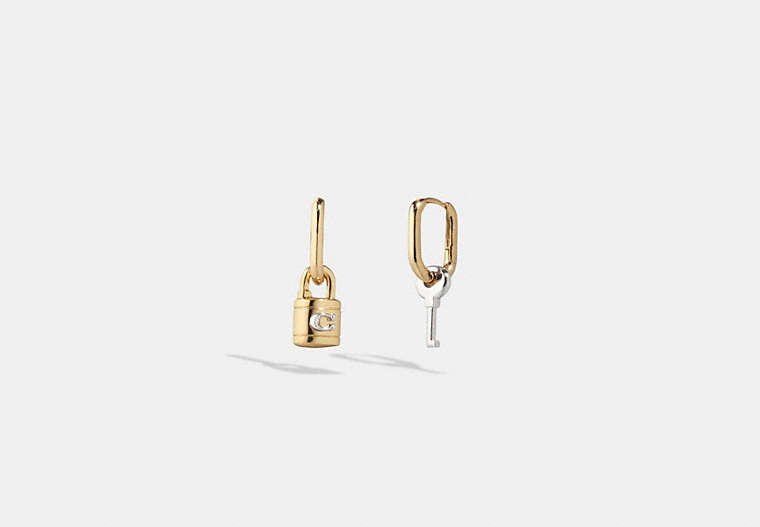 COACH®,SIGNATURE PADLOCK AND KEY MISMATCH EARRINGS,Gold/Silver,Front View