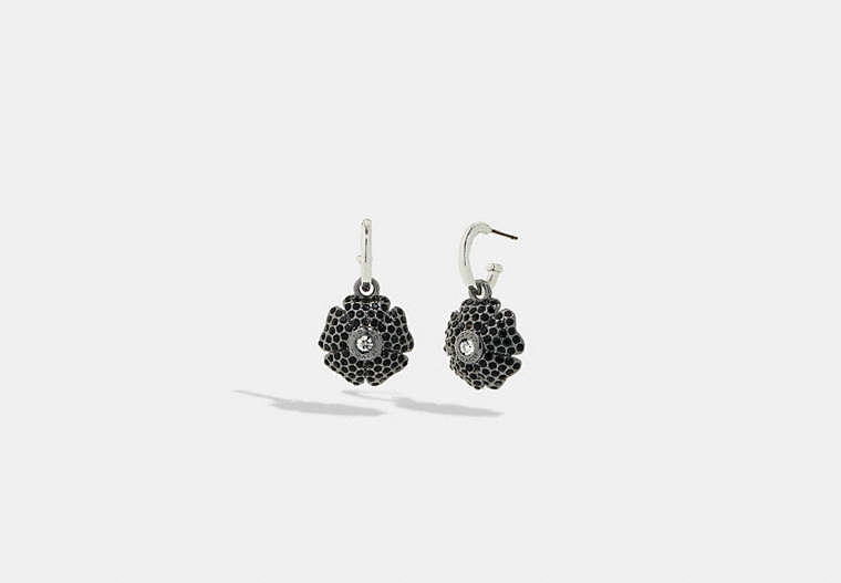 COACH®,SPARKLING DAISY HUGGIE EARRINGS,Metal,Silver/Black,Front View