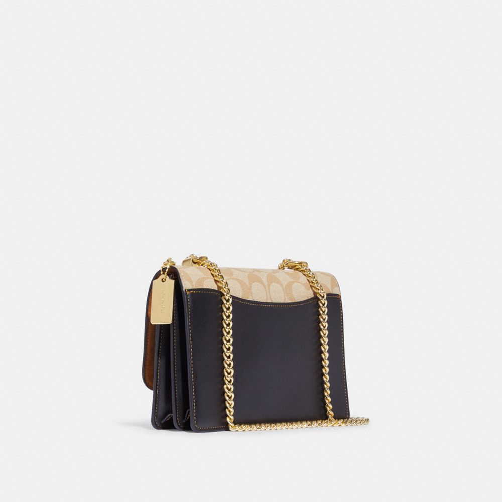COACH®,Klare Crossbody Bag In Blocked Signature Canvas,Leather,Canvas,Crossbody,Color Block,Stitching,Adjustable,Day Party,Beige,Angle View