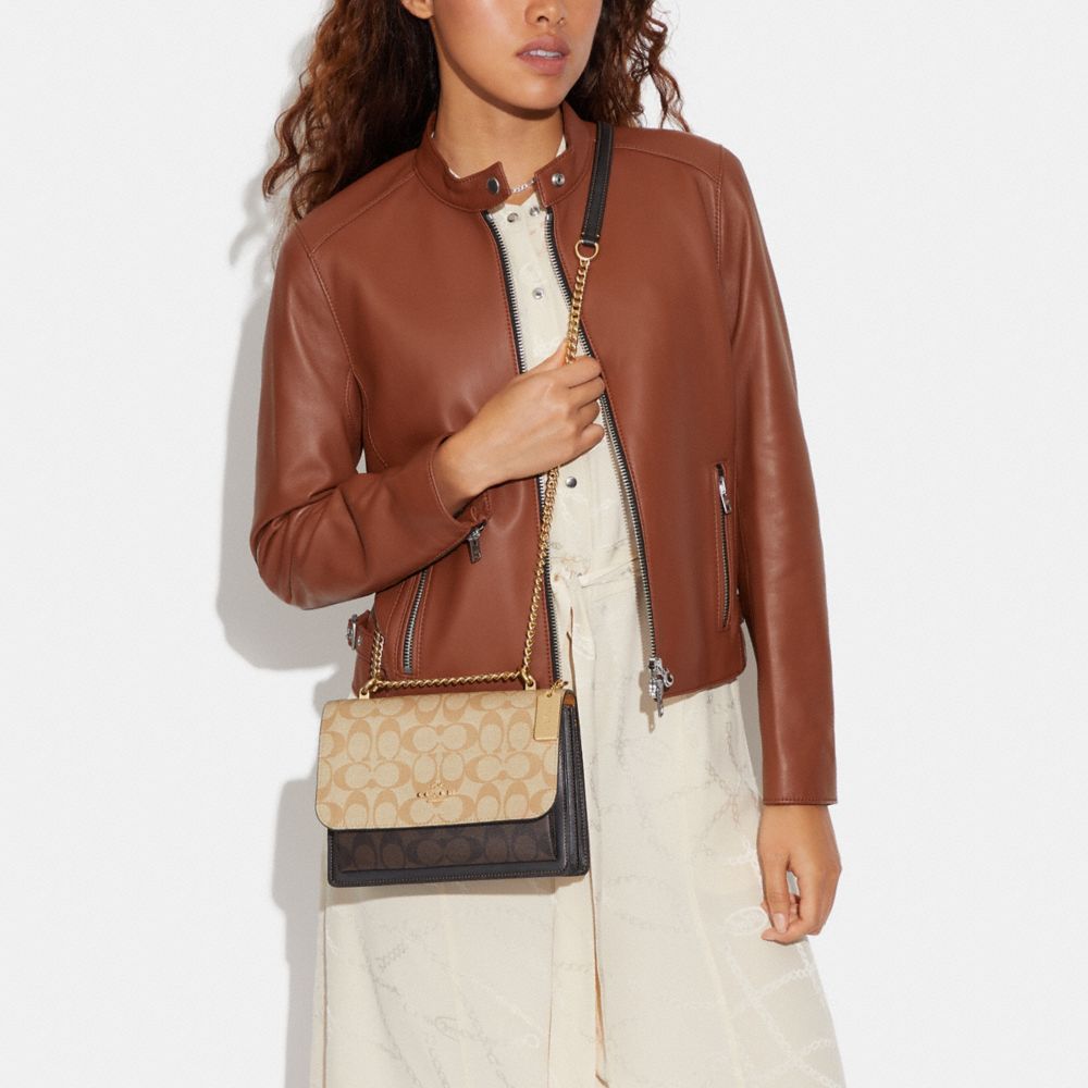 COACH®,Klare Crossbody Bag In Blocked Signature Canvas,Leather,Canvas,Crossbody,Color Block,Stitching,Adjustable,Day Party,Beige,Detail View