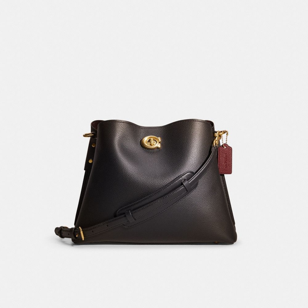 COACH®,RESTORED WILLOW SHOULDER BAG,Polished Pebble Leather,Medium,Brass/Black,Front View