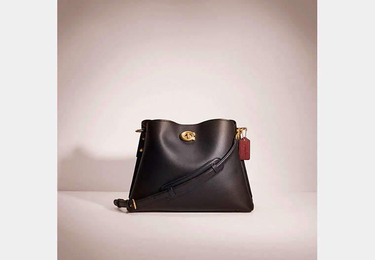 COACH®,RESTORED WILLOW SHOULDER BAG,Polished Pebble Leather,Medium,Brass/Black,Front View