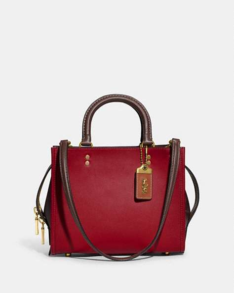 COACH®,ROGUE 25 IN COLORBLOCK,Smooth Leather,Medium,Brass/Brick Red Multi,Front View