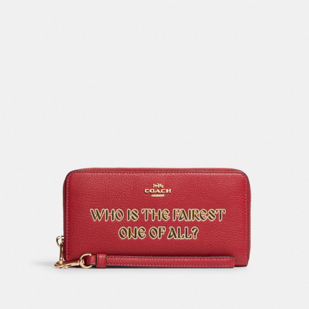 COACH®,DISNEY X COACH LONG ZIP AROUND WALLET WITH SIGNATURE CANVAS INTERIOR AND WHO IS THE FAIREST ONE OF ALL MO...,Gold/Red Apple Multi/Khaki,Front View