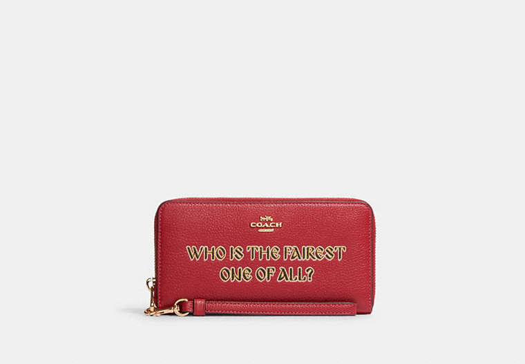 COACH®,DISNEY X COACH LONG ZIP AROUND WALLET WITH SIGNATURE CANVAS INTERIOR AND WHO IS THE FAIREST ONE OF ALL MO...,Gold/Red Apple Multi/Khaki,Front View
